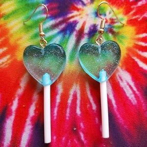 HANDMADE Blue Glitter Resin Heart Lollipop Dangle Earrings